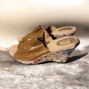 b.o.c. Tan Leather Mules with Patterned Wedge